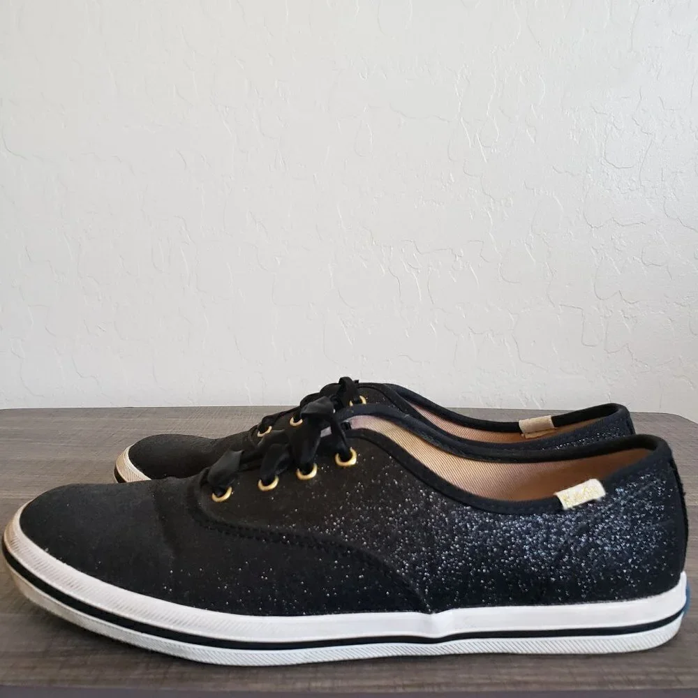 Keds x Kate Spade Champion Glitter Sneaker Shoes Satin Lace Black Sz Women's 5.5